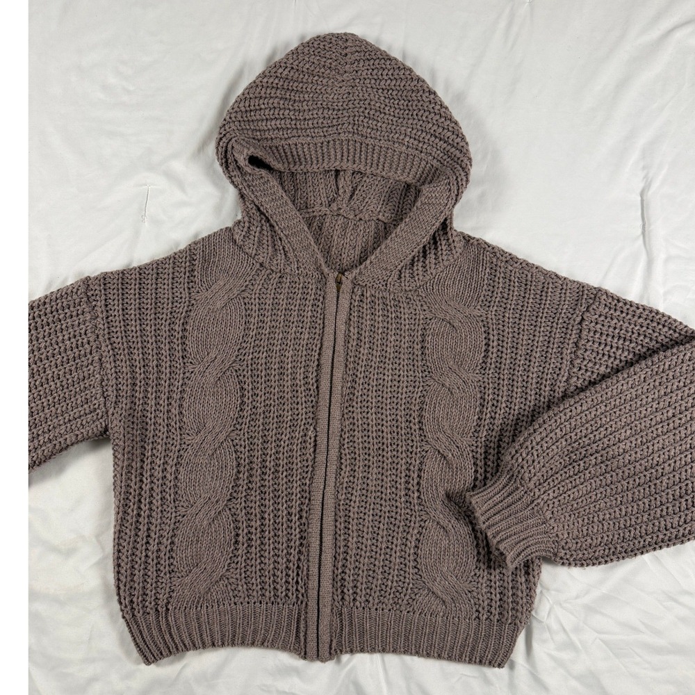 SHEIN Mauve Cable Knit Full Zip Hooded Sweater Jacket Size M‎ Cottagecore Cozy